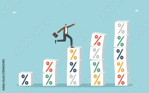 Assessing profitability or risks of innovative projects, receiving payments from share of investments, choosing best interest rates on loans or deposits, man running across columns of percentage cubes