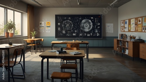 An artificial intelligence visual collage of a classroom's interior with supplies for teaching and educating young students