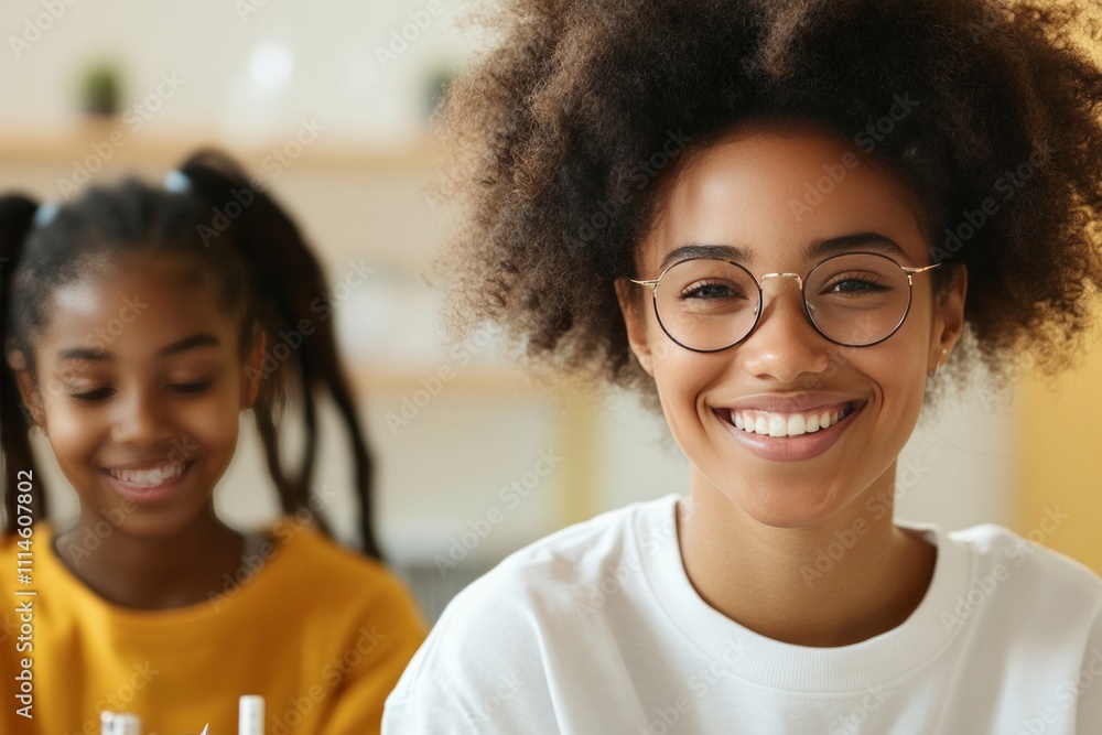 Image of a cheerful young educator in glasses assisting a student with math, fostering a classroom atmosphere that supports education and learning