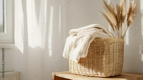 Cozy and Inviting Home Interior with Woven Basket Holding Soft Towels and Dried Grass Arrangements in Brightly Lit Space photo