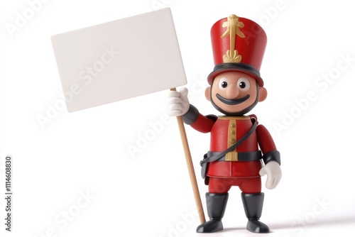 A toy soldier, dressed in vibrant red with gold details, holds a blank sign and stands optimistically against a plain white background, evoking classic charm. photo