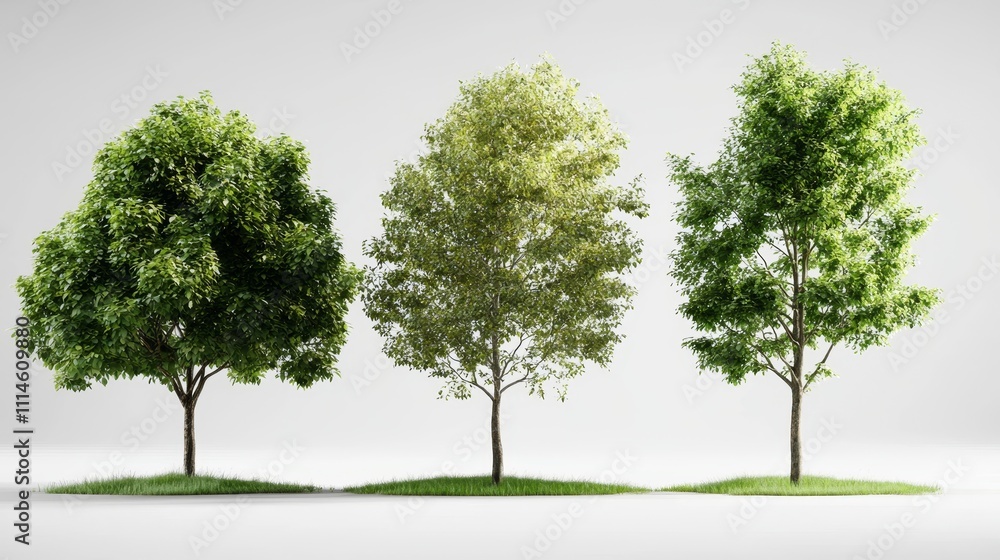Obraz premium Three Distinct Trees Displaying Varied Foliage Colors and Textures in a Minimalist Environment, Highlighting Nature's Diversity and Seasonal Changes