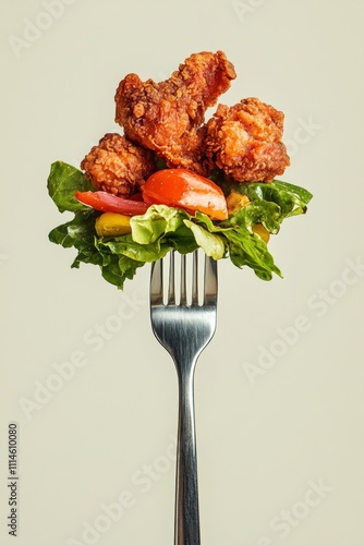 Crispy fried chicken on fork with fresh lettuce and cherry tomatoes photo