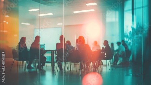 Business team meeting in a modern office, vibrant colors, creative background, silhouettes of people sitting around a table with laptops and documents on it, colorful gradient glass walls,