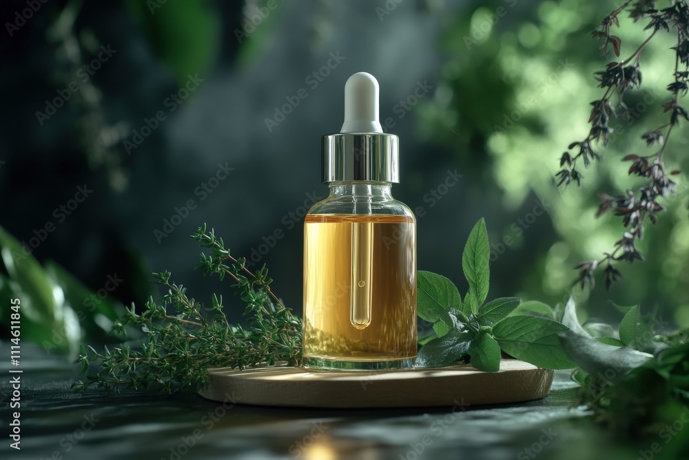 Serum dropper bottle with fresh herbs and spa decor. Serum dropper bottle with fresh herbs and spa decor.