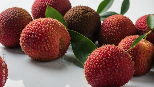 Many red, spiky lychees, some halved to show the white flesh inside photo