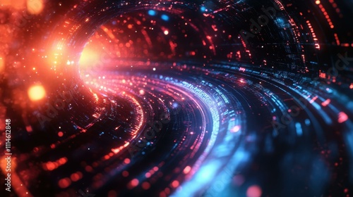 Cybersecurity Data Visualization. Futuristic glowing tunnel with dynamic light trails and digital particles, technology background for innovation, sci-fi projects, cyber security, data flow, or virtu