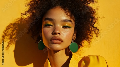 Vibrant beauty portrait with yellow fashion and bold green earrings against a bright background