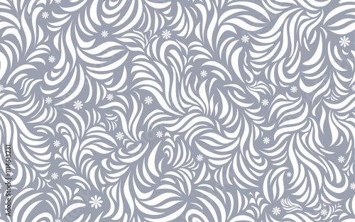 Hand drawn black white silhouette floral doodles seamless pattern curved line decorative ornamental abstract background