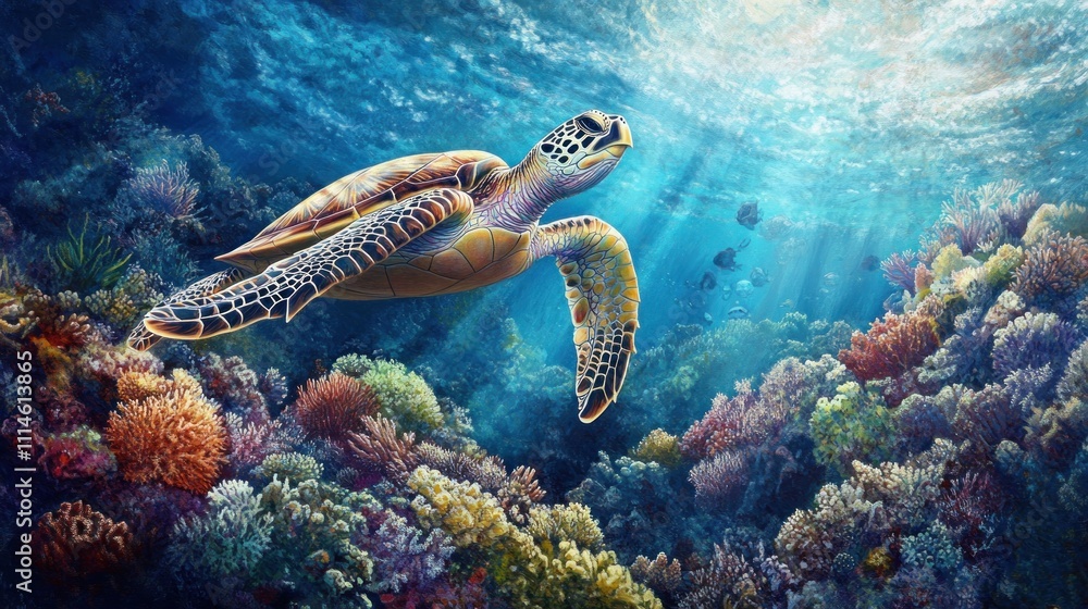 Fototapeta premium Sea Turtle Gracefully Navigating a Vibrant Coral Reef