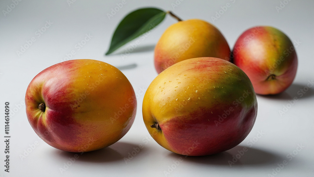 Two mangos. One is red-orange, cut into cubes, the other is green. Leaves are beside them. Two mangos. One is red-orange, cut into cubes, the other is green. Leaves are beside them.