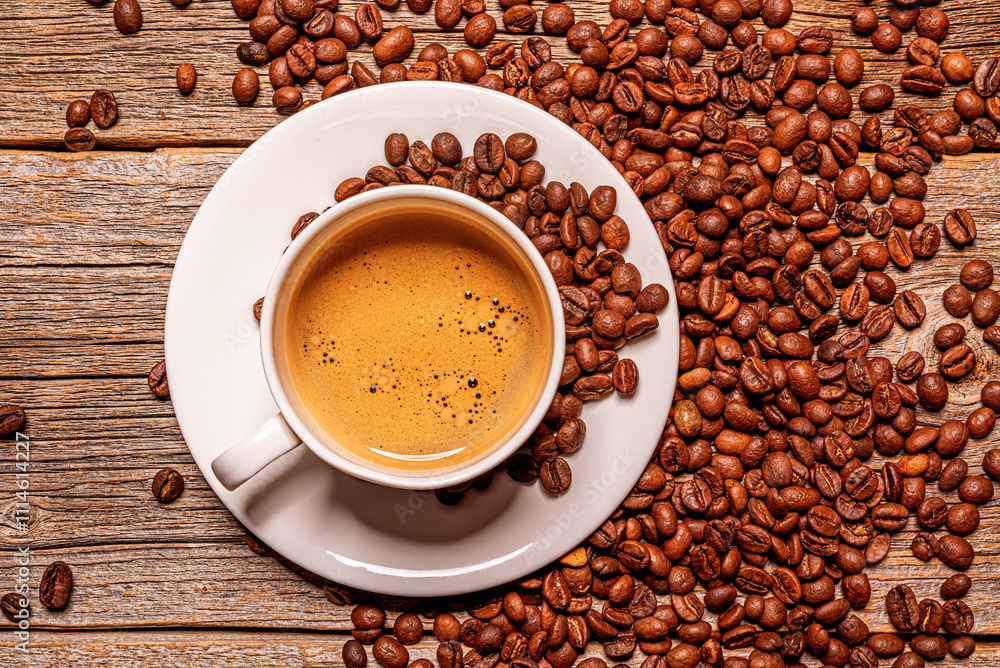 A cup of aromatic coffee on a wooden table.