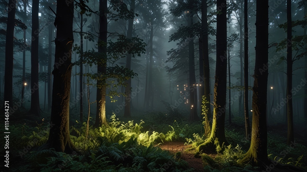 Obraz premium Enchanting foggy forest path illuminated by glowing orbs at night.