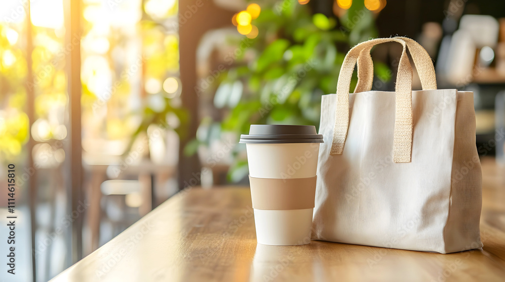 Eco-friendly coffee cup and reusable fabric bag on a wooden table in a sunny cafe with green plants and warm ambient light Eco-friendly coffee cup and reusable fabric bag on a wooden table in a sunny cafe with green plants and warm ambient light