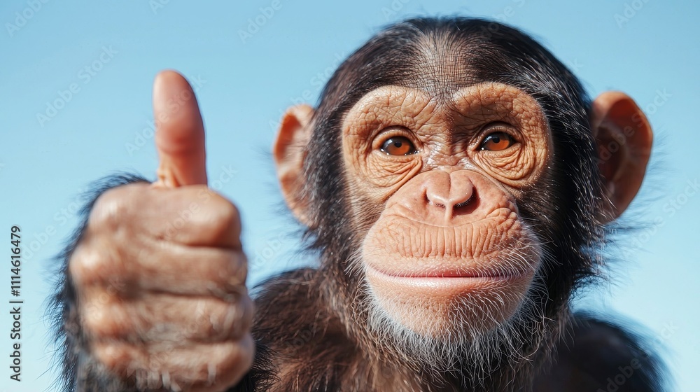 Obraz premium Playful Monkey Giving Thumbs Up in Bright Blue Sky with Cheerful Expression and Engaging Personality, Perfect for Nature and Wildlife Themes