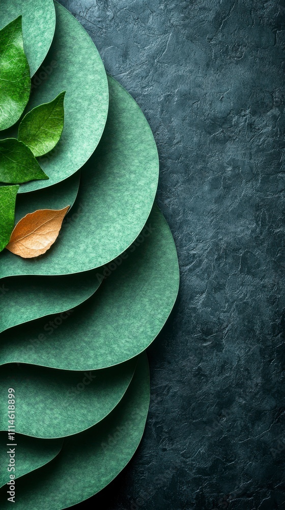 Obraz premium A Captivating Arrangement of Green and Dried Leaves on a Dark Background. A Stunning Display of Nature's Elegance. A Modern and Creative Design.