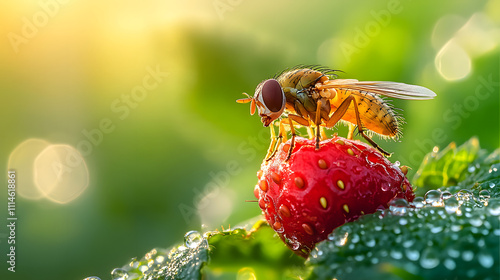 Close-Up of a Drosophila Suzukii (Spotted Wing Drosophila) on a Strawberry with Dew Drops