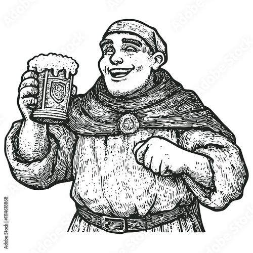 Medieval character enjoying a mug of frothy beer, engraving style, vector illustration.