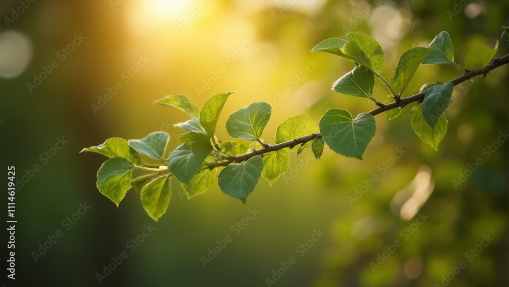 A branch of a tree with green leaves in the sunlight A branch of a tree with green leaves in the sunlight