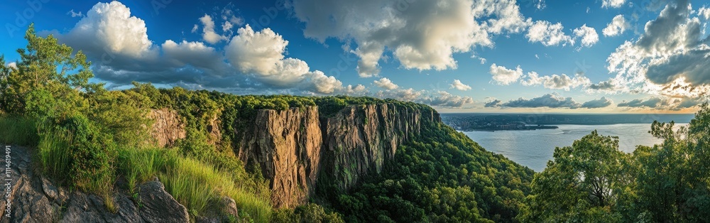 Breathtaking view of the Palisades Cliffs at dusk overlooking the Hudson River surrounded by lush greenery Breathtaking view of the Palisades Cliffs at dusk overlooking the Hudson River surrounded by lush greenery
