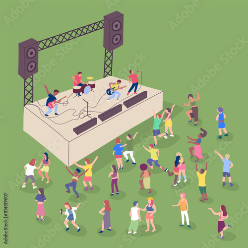 Cartoon Color Popular Band on Stage and Crowd Dancing Around 3d Isometric View Music Festival Concept. Vector illustration of Characters People Musicians