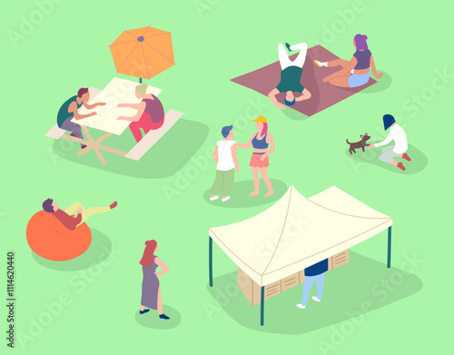Cartoon Color Characters People Sitting on Lawn Picnic Concept Flat Design Style. Vector illustration of Outdoor Summer Leisure