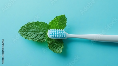 Fresh mint leaves and toothbrush on a vibrant teal background. photo