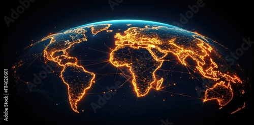 Fototapeta Naklejka Na Ścianę i Meble -  Abstract global network concept with glowing connections around the Earth globe, digital world map, and connectivity background for business or technology design