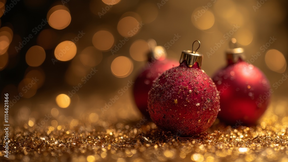 Three red christmas ornaments sitting on top of a gold glittery surface Three red christmas ornaments sitting on top of a gold glittery surface
