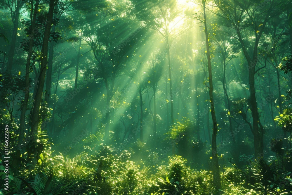 Obraz premium Sunlight shining through the trees in a forest filled with green plants