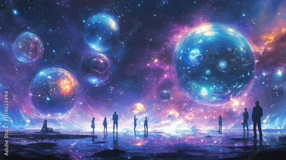 Vivid cosmic debate among silhouetted figures discussing the mysteries of the universe against a colorful galactic backdrop Vivid cosmic debate among silhouetted figures discussing the mysteries of the universe against a colorful galactic backdrop