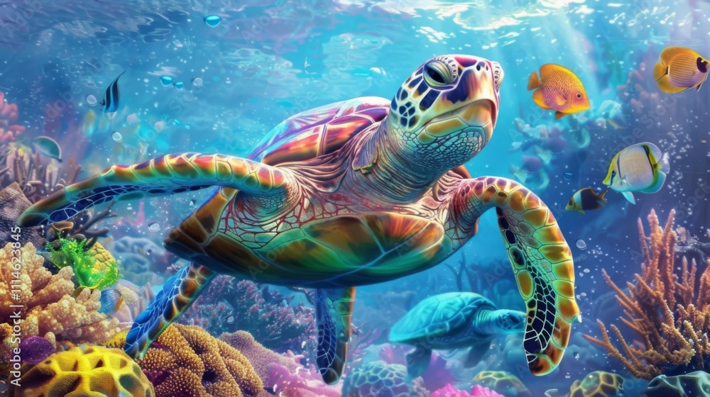 Obraz premium Charming Cartoon Turtle Smiling Happily in a Vibrant Underwater Scene with Colorful Coral and Playful Fish, Perfect for Children's Illustrations and Educational Materials