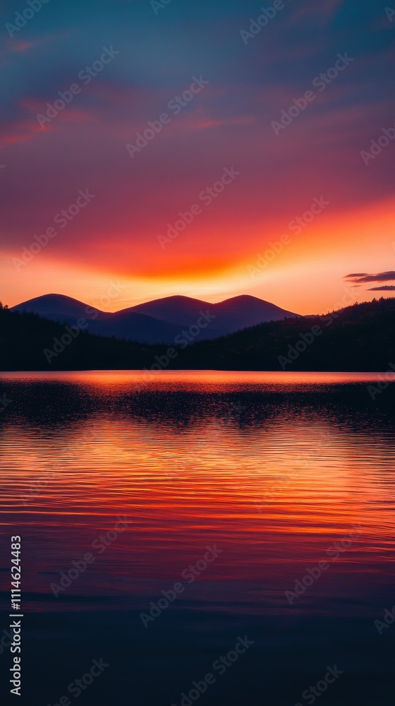 Naklejka premium Stunning sunset over the tranquil waters of the Adirondack Mountains reflecting vibrant colors in the evening sky