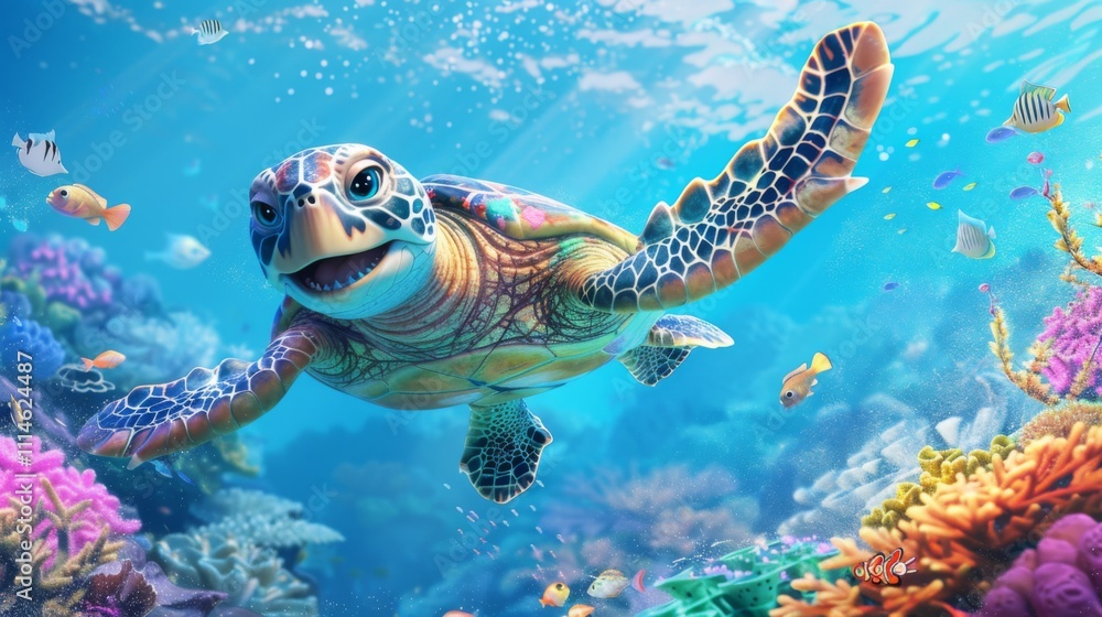 Obraz premium Charming Cartoon Turtle Smiling Happily in a Vibrant Underwater Scene with Colorful Coral and Playful Fish, Perfect for Children's Illustrations and Educational Materials
