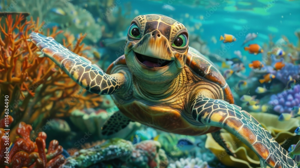 Charming Cartoon Turtle Smiling Happily in a Vibrant Underwater Scene with Colorful Coral and Playful Fish, Perfect for Children's Illustrations and Educational Materials Charming Cartoon Turtle Smiling Happily in a Vibrant Underwater Scene with Colorful Coral and Playful Fish, Perfect for Children's Illustrations and Educational Materials