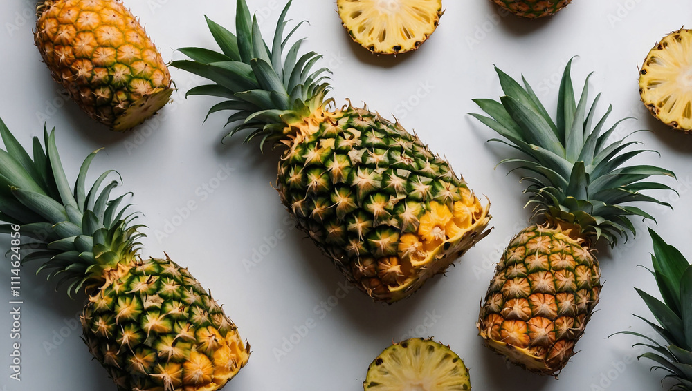 Fototapeta premium Several whole pineapples and pineapple slices are arranged on a white surface.