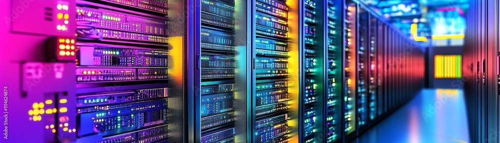 A vibrant data center with colorful lighting and rows of servers, showcasing modern technology. A vibrant data center with colorful lighting and rows of servers, showcasing modern technology.
