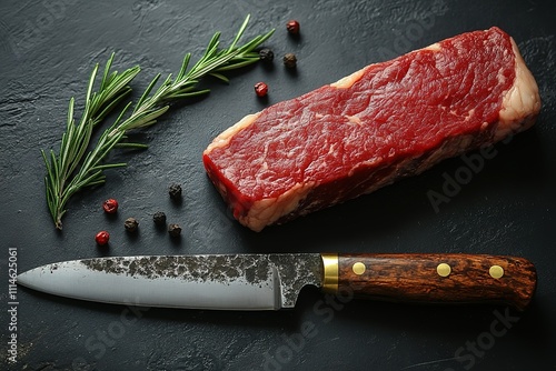 A knife and a piece of meat are on a table photo