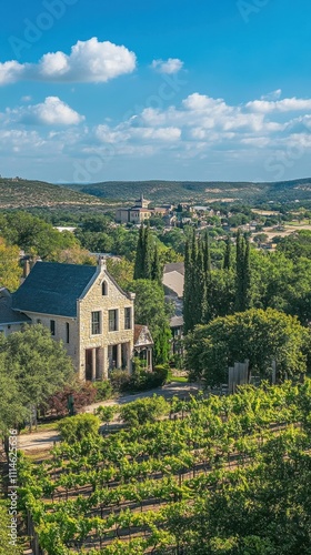 Explore the charming town of Fredericksburg with its vineyards, hills, and historic architecture under a bright blue sky photo