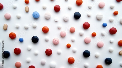 High-detail macro shot of oval, round, and capsule-shaped pills in multiple colors, scattered across a pristine white surface