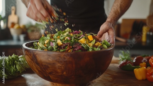 A man tosses a colorful salad in a large wooden bowl in a cozy kitchen filled with fresh ingredients photo