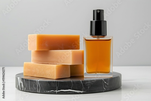 Amber Perfume and Stacked Soap Bars on Marble Coaster