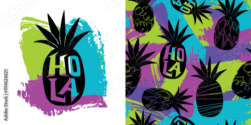 Hola tee design. Neon bright brush track illustration with pineapple shape on background with brush trace, spray paint ink track silhouette. exotic fruit print for summer t shirt. Grunge pattern