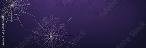 purple background with spider webs Halloween design, flat vector illustration of cobwebs on a dark blue backdrop for a web banner or packaging paper texture, web banner with space for copy