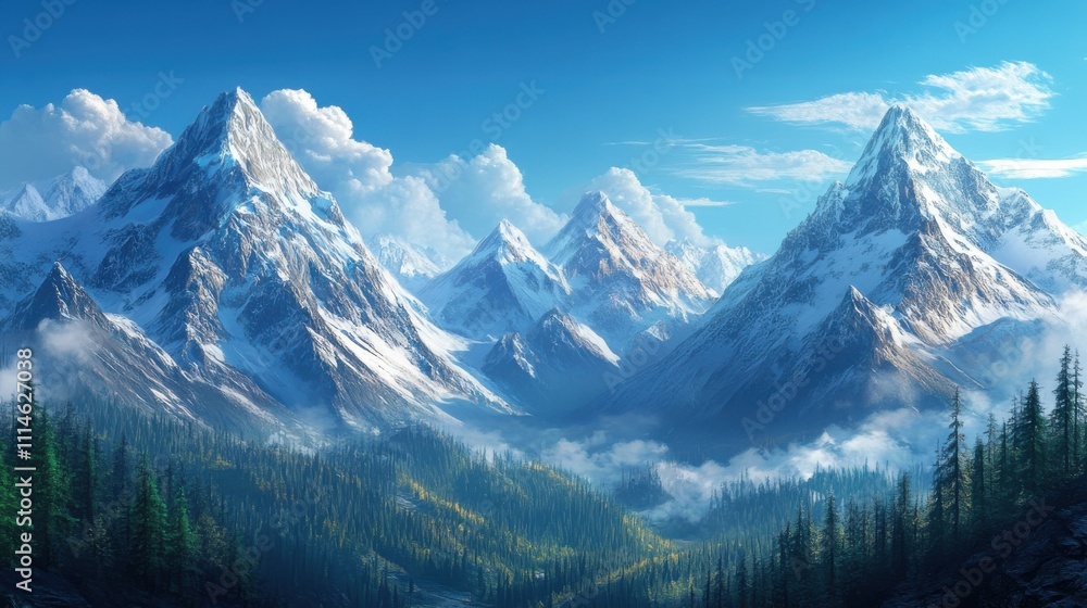 Fototapeta premium Breathtaking view of snow-capped mountains bathed in sunlight during a clear day with lush green forests below
