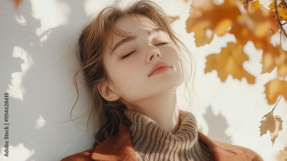 Fototapeta premium Generative AI image from below of young model in autumn fashion outfits with eyes closed while standing next to a white wall
