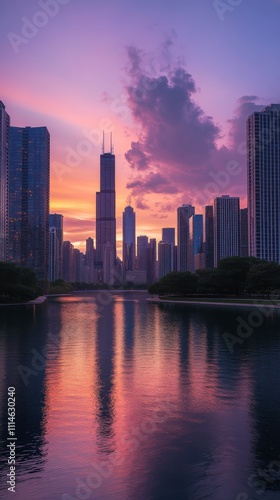 Stunning sunset view of the Chicago skyline with vibrant colors reflecting in the river during twilight hours