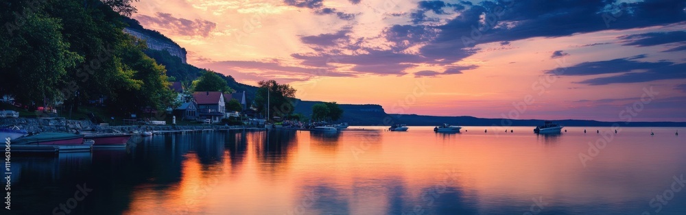 Obraz premium A stunning sunset over Lake Geneva illuminating the tranquil waters and surrounding landscapes of this picturesque location