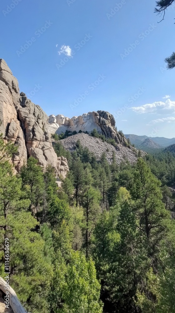 Fototapeta premium Explore the stunning landscape surrounding Mount Rushmore with its towering granite sculptures and lush greenery under a clear blue sky