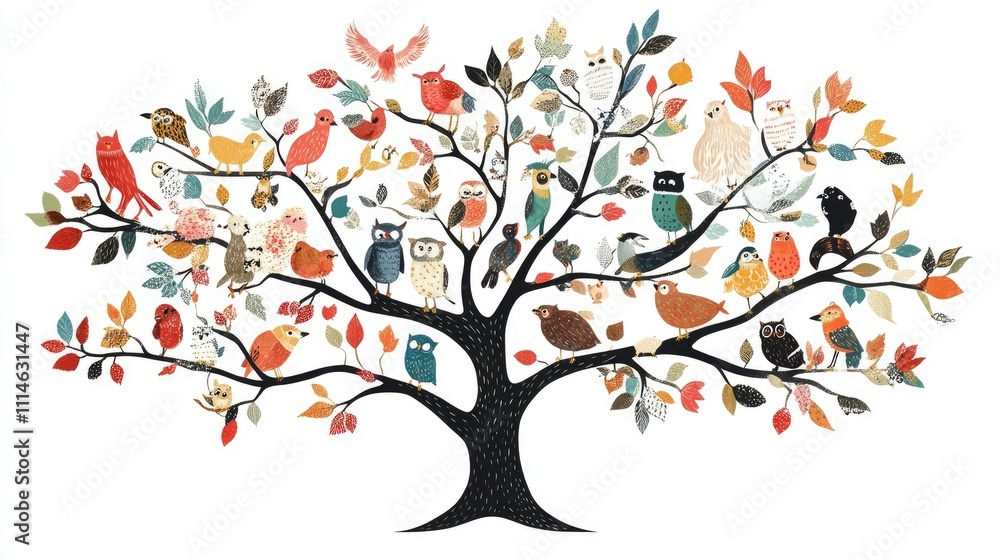 Fototapeta premium An artistic tree silhouette made entirely of cute animals, from baby goats to tiny owls, on a clean white background, perfect for holiday themes.